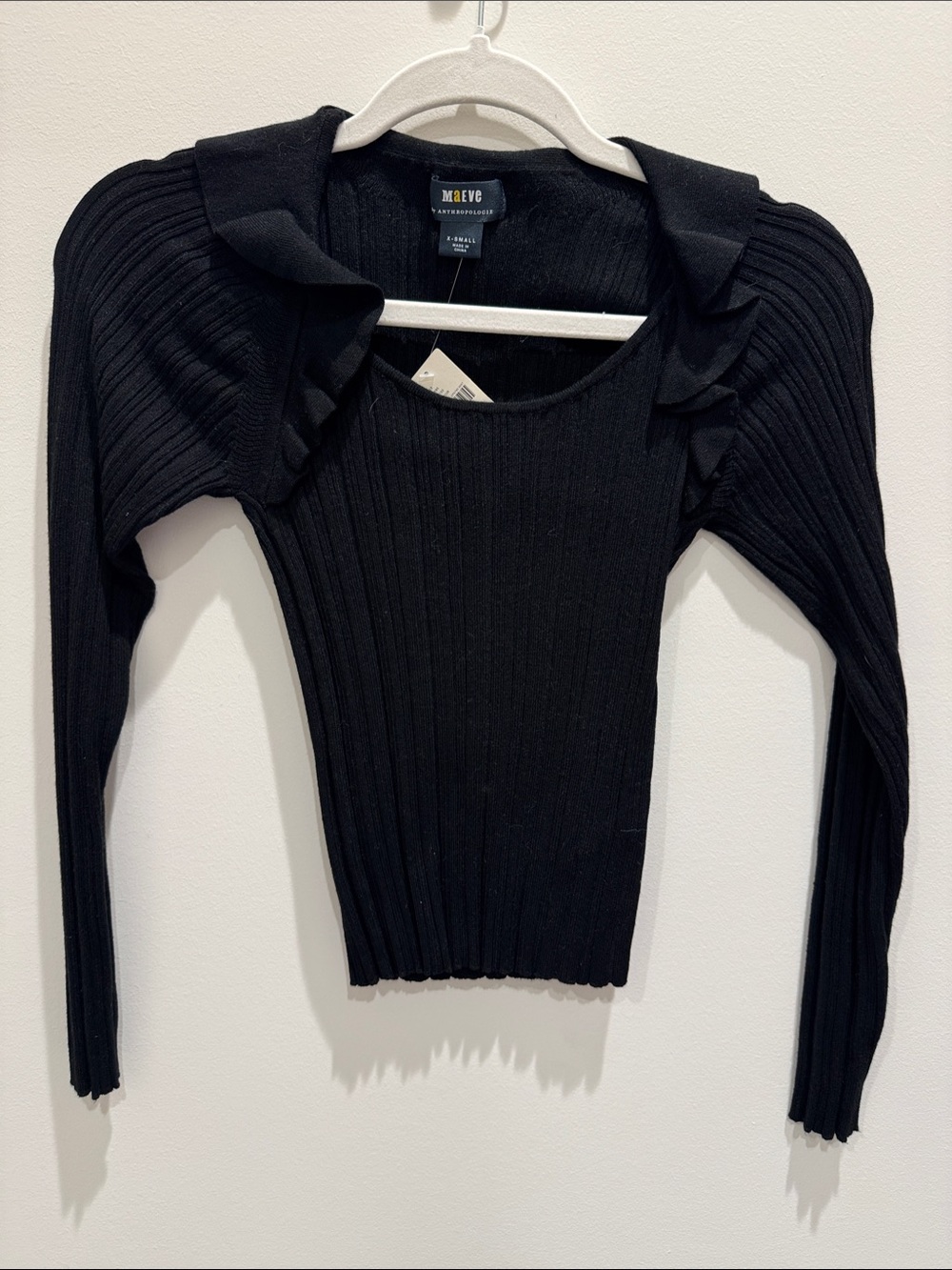 Anthropologie Black Ruffled Shoulder Stretchy Ribbed Long Sleeve Top